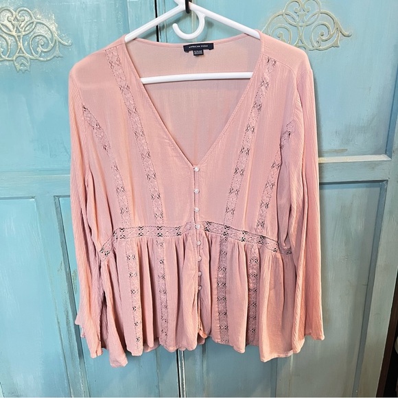 American Eagle Women's Boho Long Sleeve Blouse Blush Pink Lace Accent XL - Picture 1 of 7